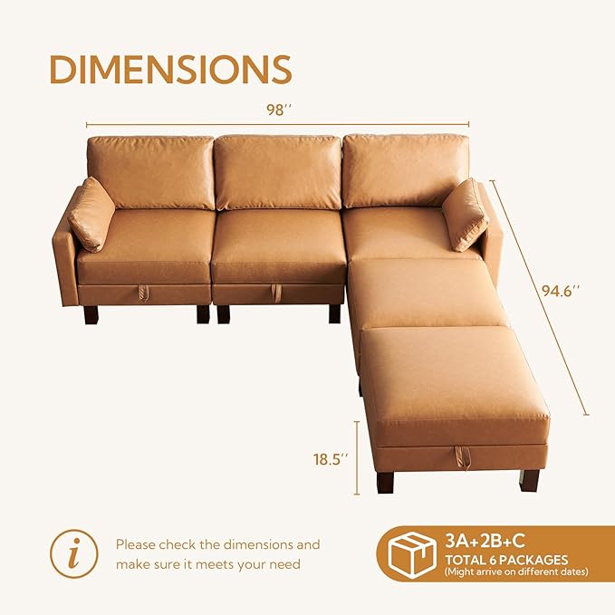 5 Seater Faux Leather Sofa Couch, 98'' L Shape Sectional Couch, Mid Century Modern Decor, Office Sectional Sofa Bed, for House, Apartment, Living Room, Tan-CasaMuseHome