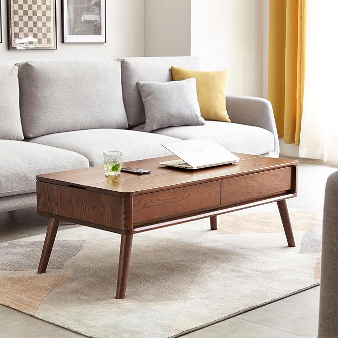 100% Solid Wood Lift Top Coffee Table for Living Room, Mid Century Modern Tables with Drawers and Large Storage, Oak Wood Coffee Tables for Small Spaces (Oak Walnut Color, 47.24"W x 23.62"D x 25.59"H)-CasaMuseHome