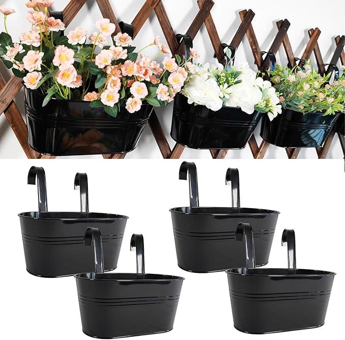 4 Pack Metal Hanging Planter for Outdoor Plants, 10 Inch Black Fence Planters Railing Pots for Garden Patio Balcony Decor, Flower Bucket with Detachable Hooks (Black, 4Pcs)-CasaMuseHome