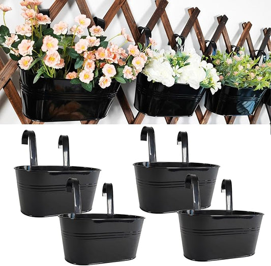 4 Pack Metal Hanging Planter for Outdoor Plants, 10 Inch Black Fence Planters Railing Pots for Garden Patio Balcony Decor, Flower Bucket with Detachable Hooks (Black, 4Pcs)-CasaMuseHome