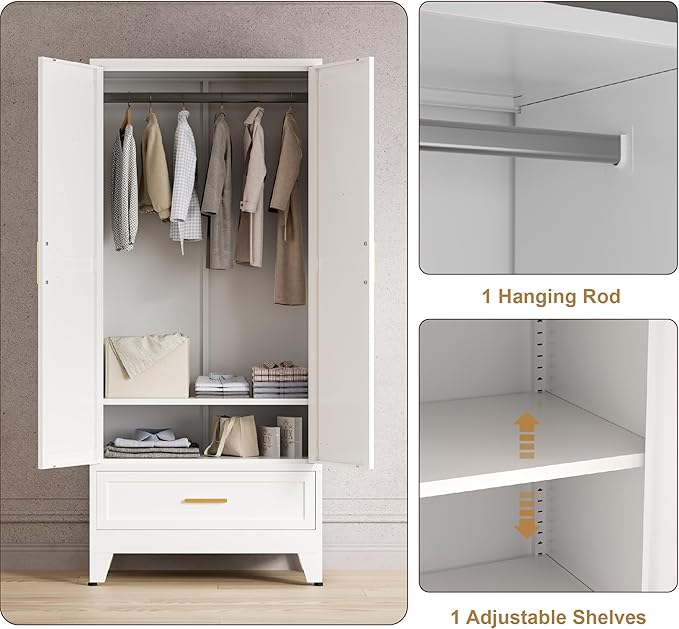 71'' Farmhouse Metal Wardrobe Cabinet with Hanging Rod, 2 Barn Door Wardrobe Closet with Adjustable Shelves,Drawer,for Dining Room,Bedroom,Living Room, Cloak Room,Office (White)-CasaMuseHome