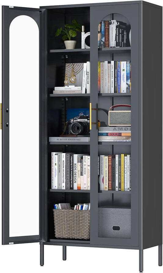 71" Tall Display Cabinet, 5-Tier Bookshelf with Doors & Adjustable Shelf, Modern Storage Cabinets Ideal for Book, Wine, Collectibles, Free Standing Bookcase for Home, Office, Living Room-CasaMuseHome