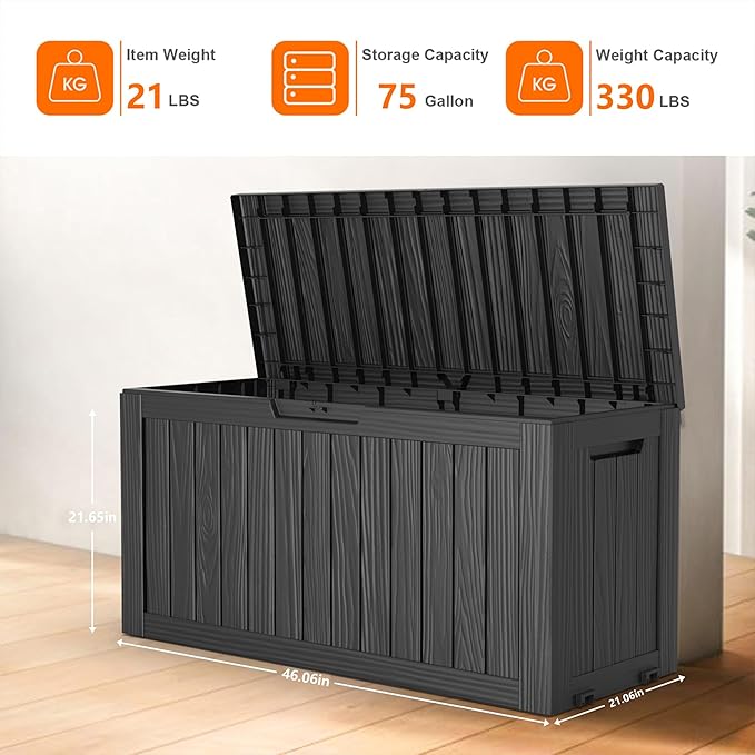 75 Gallon Resin Deck Box, Lockable Patio Outdoor Storage Box for Furniture, Garden Tools and Tools Storage, Waterproof Outside Storage Boxes - Black-CasaMuseHome