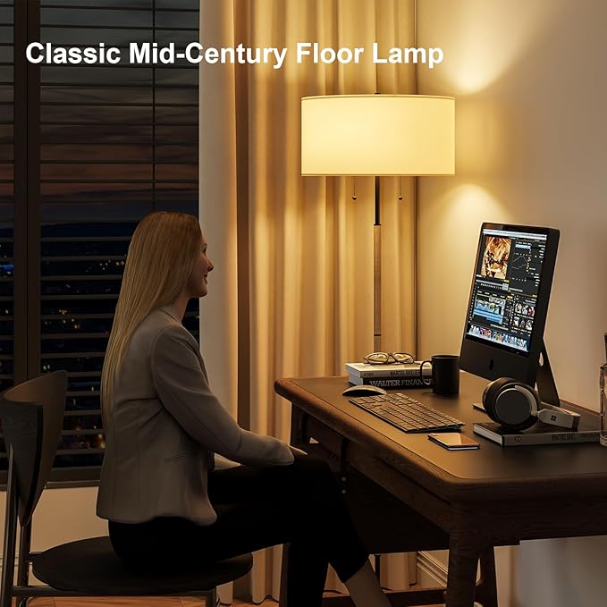 2-Light Floor Lamp, Mid Century Floor Lamp with White Fabric Shade, Standing Lamp Tall Lamp for Living Room Bedroom, 3 Color Temperatures 9W Bulb Include-CasaMuseHome