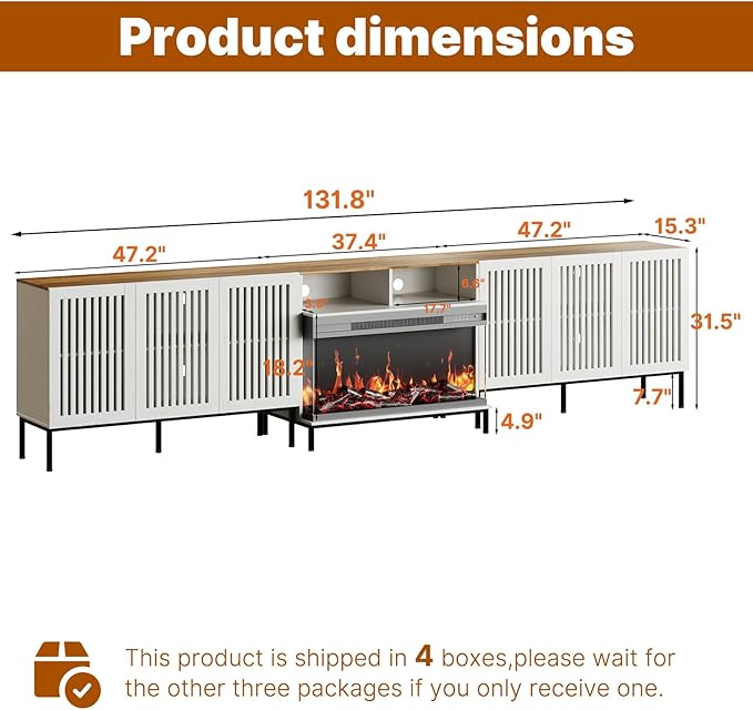 3-Sided Glass Farmhouse Fireplace TV Stand for TVs Up to 110 Inch, Entertainment Center with 36" Electric Fireplace, Antique White TV Console with Storage Cabinets for Living Room-CasaMuseHome