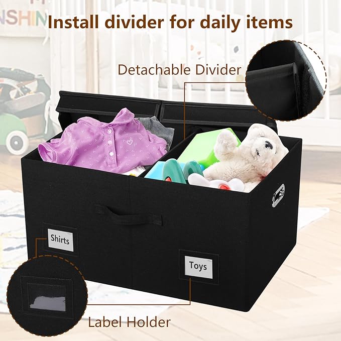 75 Quarts Extra Large Decorative Storage Bins with Lids, 3 Packs Black Collapsible Storage Bins with Lids, Stackable Storage Bins Decorative Box Storage With Lid Extra Large-CasaMuseHome