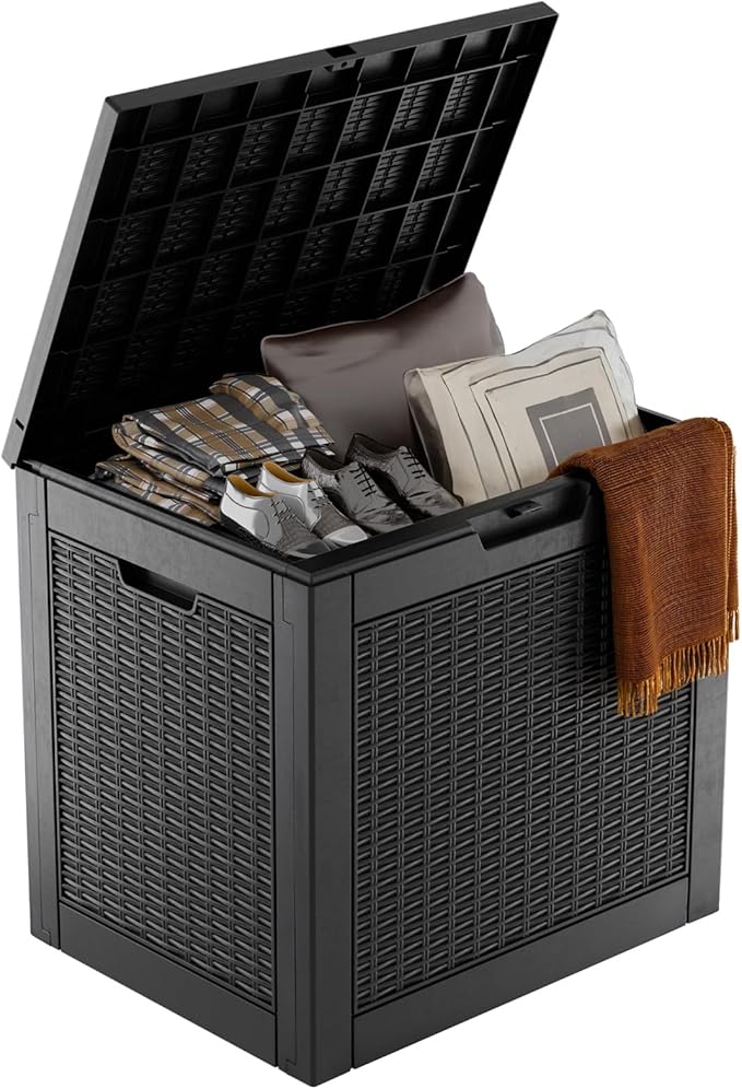 36 Gallon Outdoor Deck Box,Storage Lockable Waterproof Patio Furniture,Garden Tools,Cushions,Pool Accessories Outside Storage Resin Box(Black Pattern)-CasaMuseHome