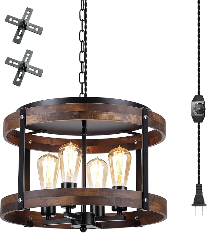 4-Light Large Rustic Farmhouse Plug in Pendant Light Fixture with Adjustable Chain, Dimmable Switch, 16.5 inch Oak Wood Drum Hanging Lamp for Dining Room Living Room Farmhouse Entry, Black-CasaMuseHome