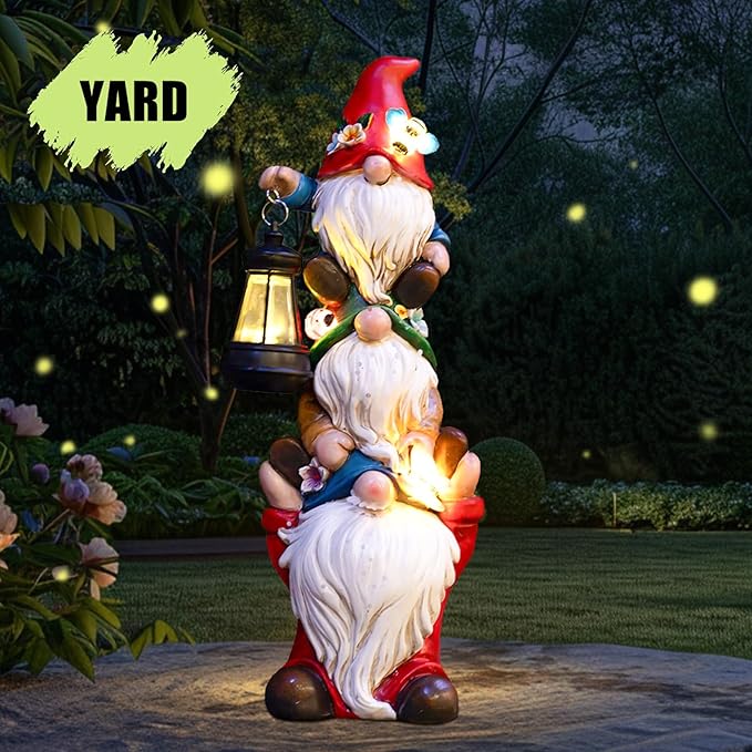 17 in Large Garden Gnome Statue with Solar Lights Sculptures Funny Triple Big Gnome Outdoor Patio Lawn Yard Balcony Garden Home Decor Gifts for Women Mom-CasaMuseHome