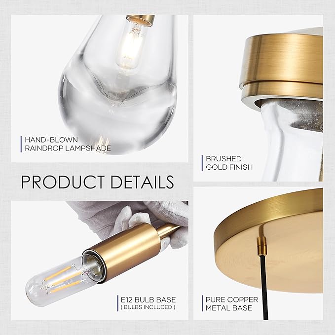 3-Light Raindrop Pendant Light Fixtures, Brass Glass Pendant Lighting, Teardrops Modern Hanging Light for Entryway Foyer Kitchen Island Dining Living Room Hallway-CasaMuseHome