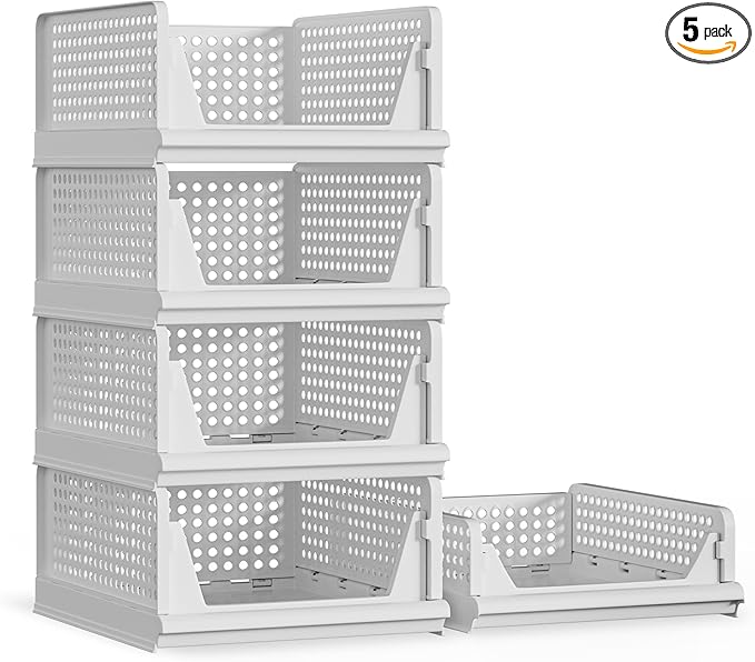 5 Pack Stackable Plastic Storage Basket Closet Organizer Bin Foldable Clothes Organizer Storage Drawer Shelf Container for Living room Bathroom Kitchen Office (4L+1S)-CasaMuseHome
