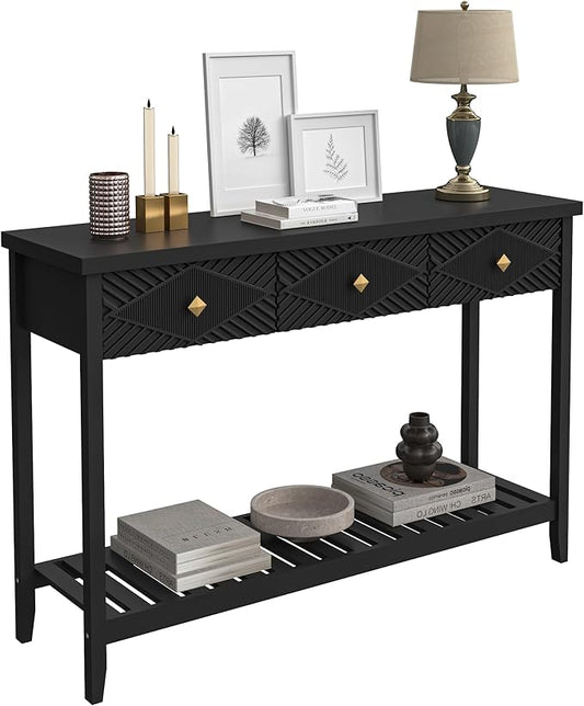 47" Console Table with 3 Drawers, Fluted Narrow Long Entryway Table with Storage Shelf, Accent Table for Entryway, Living Room, Behind Couch, Foyer, Hallway, Office-CasaMuseHome