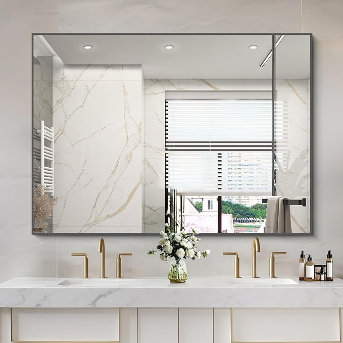 36x50inch Bathroom Mirror, Black Rectangle Mirrors with Thin Metal Frame, Large Rectangular Wall Mirror for Bathroom, Living Roomm, Hair Salon, Big Farmehouse Mirror Hang Horizontal/Vertical-CasaMuseHome