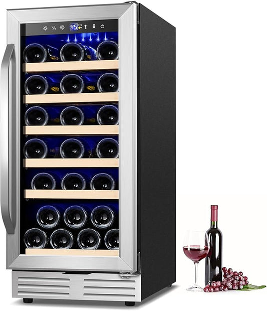 15 Inch Wine Fridge 32 Bottles Wine Cooler Refrigerator Undercounter Wine Fridge with Glass Door, LED Light, Removable Wooden Shelves, Built-in or Freestanding Wine Refrigerator for Home Office Bar-CasaMuseHome