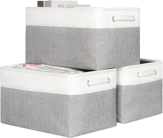 Kntiwiwo Large Fabric Foldable Storage Bin 17" x 11.8" x 9.8" Storage Baskets with Handle Large Cube Storage boxes for Closet, Shelves, Home, Set of 3, Grey-CasaMuseHome
