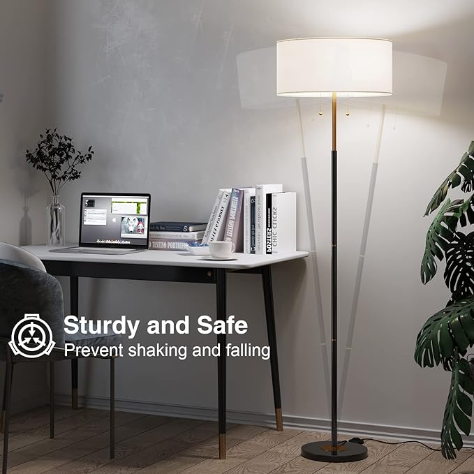 2-Light Floor Lamp, Mid Century Floor Lamp with White Fabric Shade, Standing Lamp Tall Lamp for Living Room Bedroom, 3 Color Temperatures 9W Bulb Include-CasaMuseHome