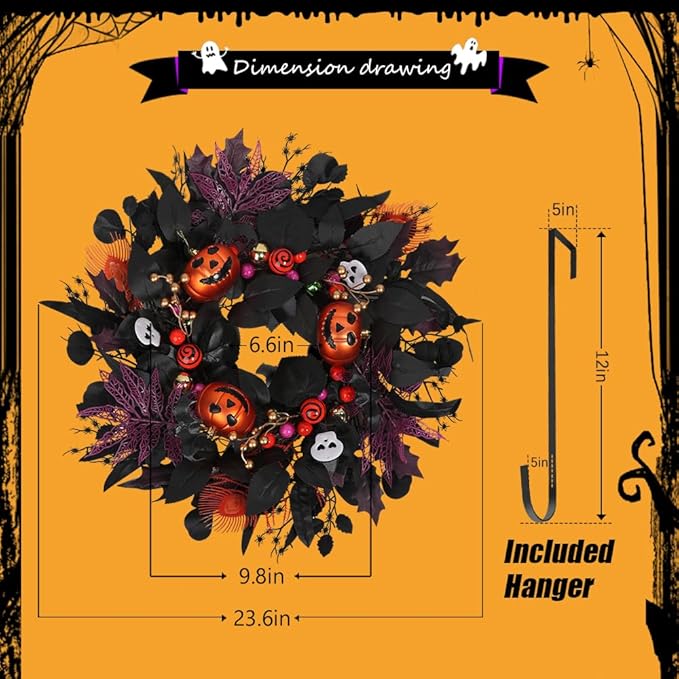 24" Glitter Halloween Wreath Outdoor - Sparkly Balls, Skulls, Bat, Skeleton, Pumpkin on Black Twig | Front Door Outside Goth Decor for Spooky Night-CasaMuseHome