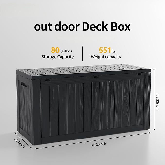 80 Gallon Outdoor Storage Box Waterproof Lockable Resin Deck Box Large, Patio Storage Bin for Pool Accessories Cushion Furniture, Garden Tools, UV-Resistant Outside Delivery Black-CasaMuseHome