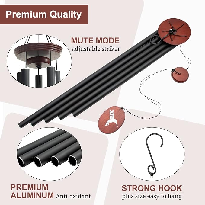 60" Wind Chimes Outdoor, WindChimes Large Wind Chimes for Outside Deep Tone with 5 Tuned Tubes and S Hook, Wind Chime Outdoor Decoration for Patio, Garden, Yard (Hummingbird)-CasaMuseHome