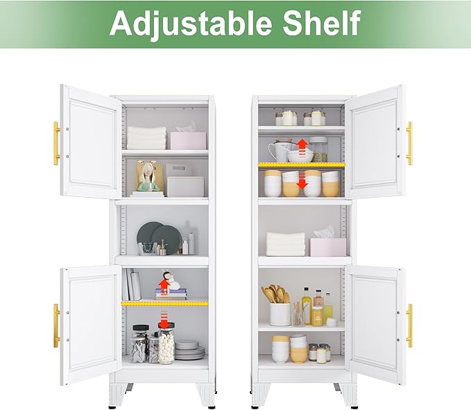 47.24" H Metal Narrow Bathroom Storage Cabinet Pantry Storage Cabinet, 2 Adjustable Shelves for Kitchen, Home Office, Living Room, Dinning Room (White)-CasaMuseHome