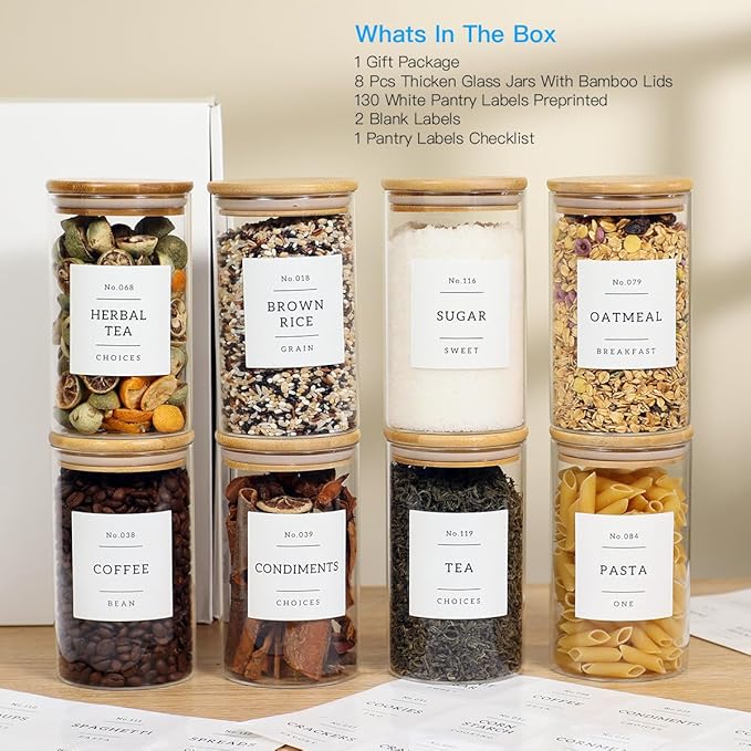 8 Pack Glass Jar with Airtight Bamboo Lid and White 132 Kichen Pantry Labels Preprinted - 21 Oz Clear Round Glass Food Storage Containers set For Tea Coffee Sugar Spice-CasaMuseHome
