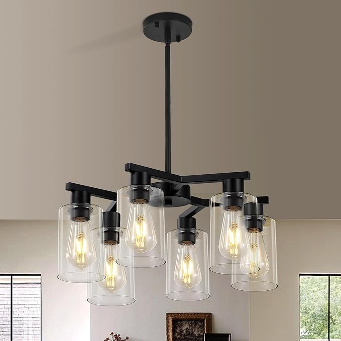 6-Light Modern Farmhouse Black Chandelier, Dining Room Light Fixture Over Table Adjustable Height Hanging Industrial Pendant Lights Kitchen Island, Clear Glass Shade-CasaMuseHome