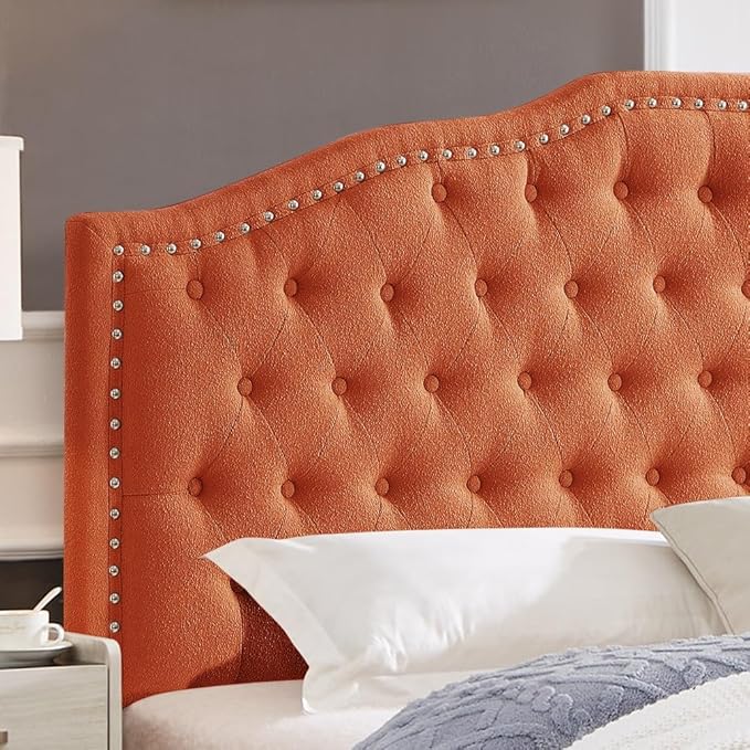 24KF Upholstered Button Tufted Queen Headboard with Nailhead Trim, Elegant Boucle Fabric Full headboard, 6031-Q-Boucle-Orange-CasaMuseHome