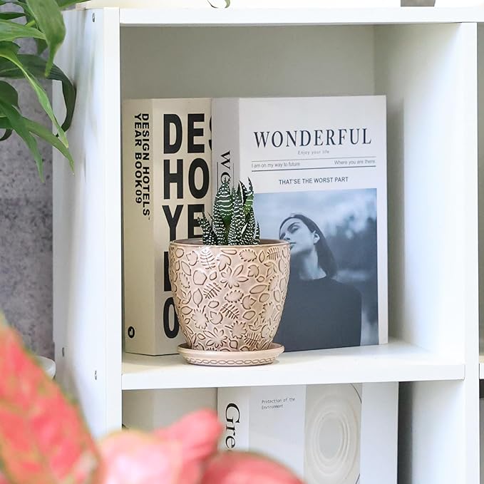 4 Inch Mini Plant Pots, Ceramic Succulent Planter with Drainage Hole and Saucers for Indoor Plants, Small Garden Pots for Succulent, Herb and Flower, Set of 4-CasaMuseHome