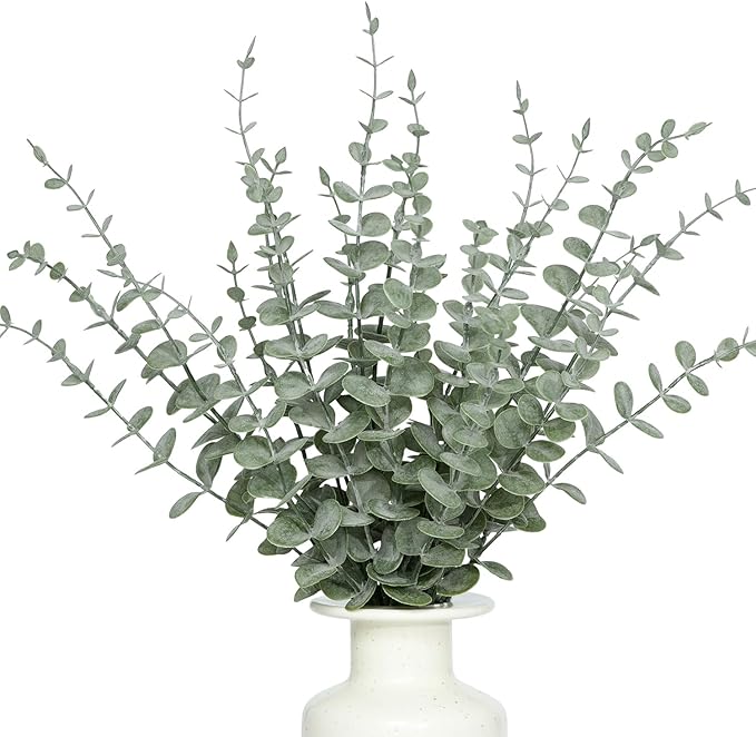 18Pcs Faux Eucalyptus Stems, 15" Artificial Eucalyptus Plants with White Frosted Coating, Fake Eucalyptus Decor Plastic Greenery Leaves for Wedding Bouquets Home Decor DIY Floral Arrangements-CasaMuseHome