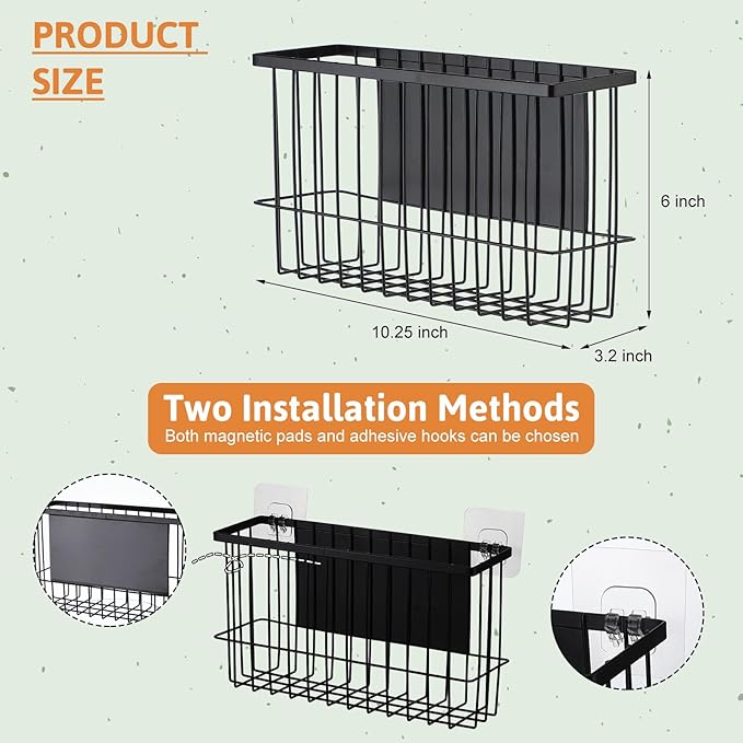 3 Pcs Magnetic or Adhesive Refrigerator Organizer Magnetic Baskets Kitchen Holder for Refrigerator Metal Shelf Rack Storage with 2 Types of Installation(Black)-CasaMuseHome