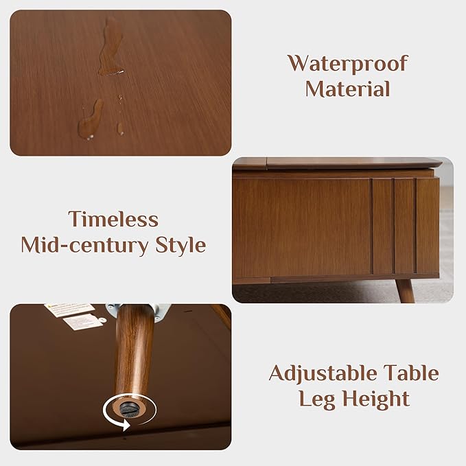 36.2" Lift Top Coffee Table with Storage, Large Square Coffee Tables with Hidden Compartment, Mid Century Modern Center Table for Home Office,Living Room,Dark Walnut-CasaMuseHome