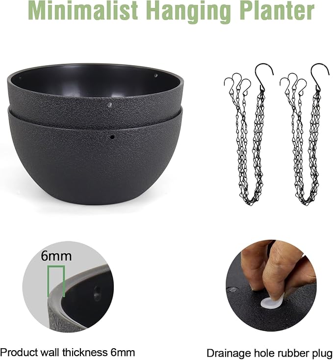 8 inch Small Hanging Planters Plant Pots for Indoor Outdoor Plants, 2 Pack Hanging Flower Pots with Drainage Holes and Chain for Garden Porch, Plastic Hanging Baskets for House Plants, Black-CasaMuseHome