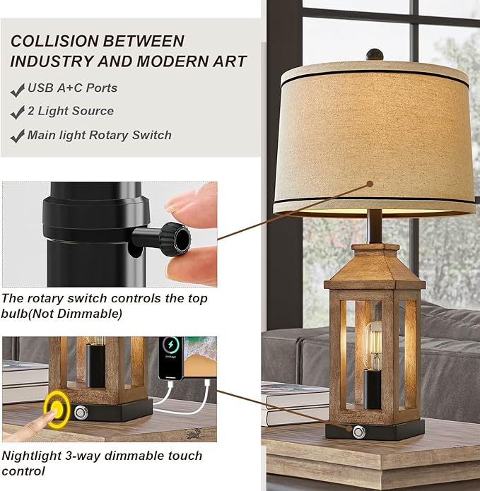 23.75" Farmhouse Table Lamps USB A+C Charging Ports 3-Way Dimmable Touch Control Lamp Nightlight Vintage Modern Lamp for Living Room Bedroom with 2 Light Sources-CasaMuseHome