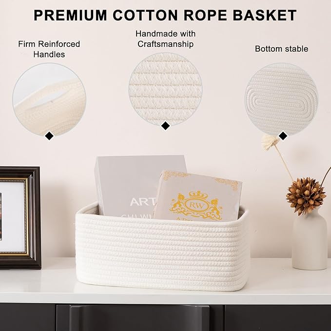 4 Pack Small Storage Shelf Baskets for Organizing, Mini Woven Rope Storage Bins for Towels, Cute Decorative Closet Organizer，Baby Nursery, Gift Empty Baskets -13''Lx8.66''Wx5.11''H-White-CasaMuseHome