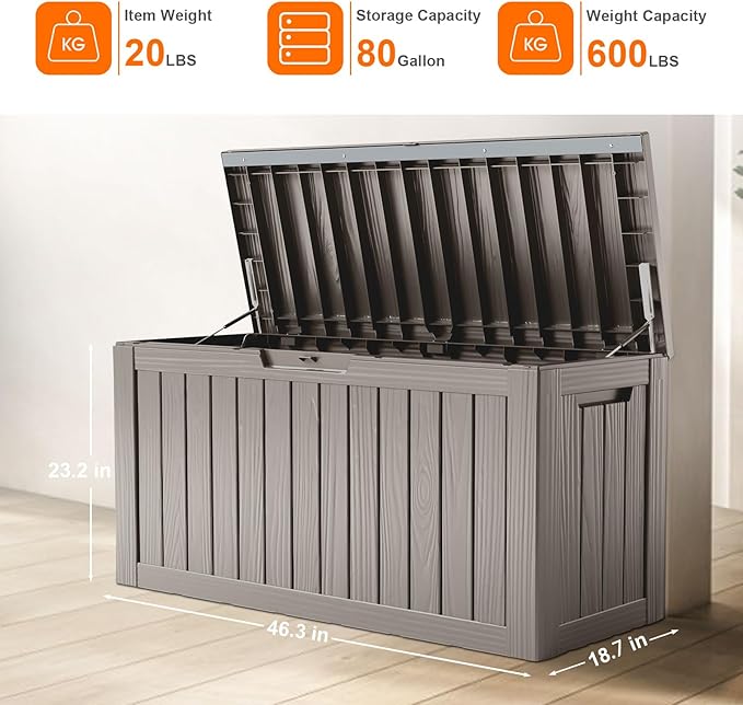 80 Gallon Resin Deck Box, Lockable Patio Outdoor Storage Box for Furniture, Garden Tools and Tools Storage, Waterproof Outside Storage Boxes - Grey-CasaMuseHome