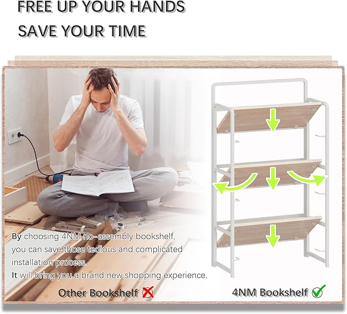 4NM No Assembly Foldable Bookshelf, 3-Shelf Collapsible Bookcase Storage for Small Spaces, 42.1" H, Natural White-CasaMuseHome