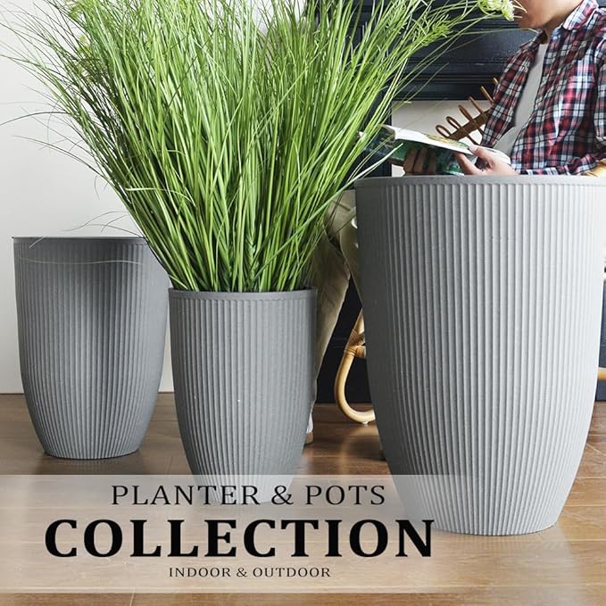 2 Pcs Pack 15 Inches Heavy Duty Plastic Resin Tall Tapered Planter Pots Large Round Planter Flower Pot with Drainage Holes for Indoor Outdoor Deck Porch Garden Home Patio Front Door (Light grey, S)-CasaMuseHome