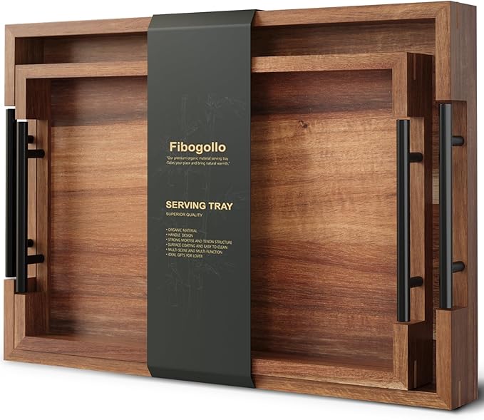 Acacia Wood Set of 2 Serving Tray with Metal Handles,Ottoman Decorative Trays Platter for Coffee Table,Living Room,Bar,Party-CasaMuseHome