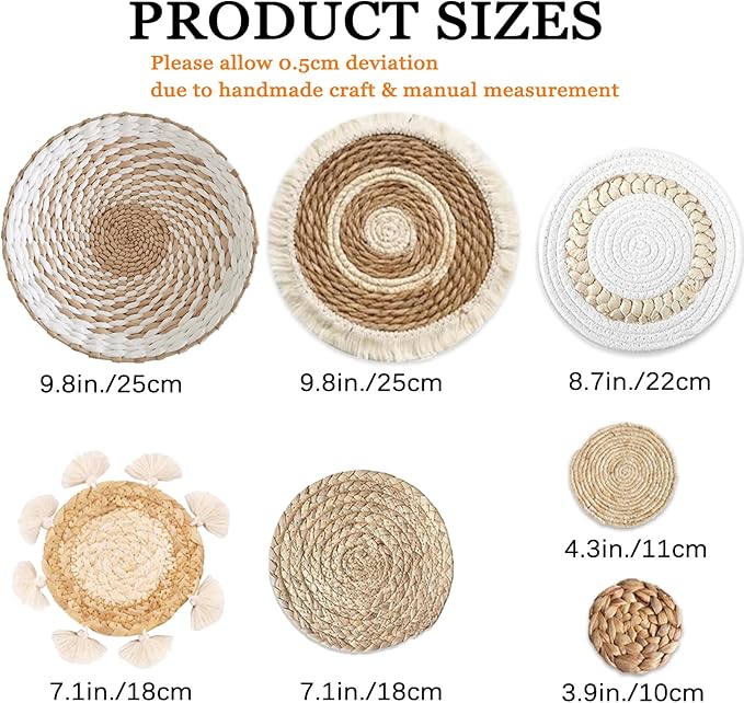 7 Pack Boho Wall Basket Decor - Seagrass Rattan Wicker Wall Decor Round Handmade Hanging Rustic Flat Elegant Wall Art for Farmhouse Living Rooms Bedrooms Display Table Settings Kitchen Home-CasaMuseHome