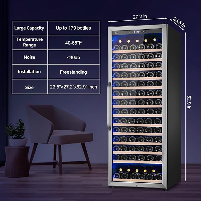 24 Inch Wine Cooler Refrigerator, 179 Bottles Professional Wine Cellars with Powerful Compressor,Quiet Operation and Elegant Design for The Wine Lovers-CasaMuseHome