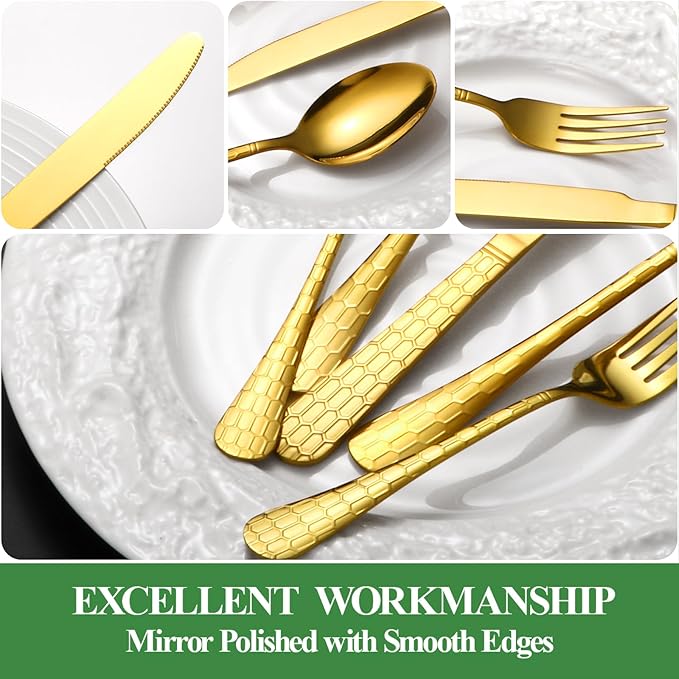 40 Pcs Gold Silverware Set for 8 with Water Cube Handle design, Food Grade Stainless Steel Flatware Set, Eating Utensils Sets Include Fork/Knife/Spoon, Reusable Cutlery Set, Dishwasher Safe-CasaMuseHome