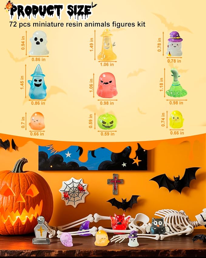 72 Pcs Halloween Mini Resin Animals Figures Kit - Luminous Tiny Resin Figurines Accessories, Glow in The Dark Miniature Ghost Figurines for Halloween Party, Micro Landscape, Tabletop Decor-CasaMuseHome