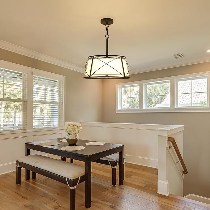 15.7" Black Drum Chandelier,3-Light Modern Farmhouse Chandelier,White Fabric Drum Shade Pendant Light Fixture for Dining Room Kitchen Island Bedroom Entryway-CasaMuseHome