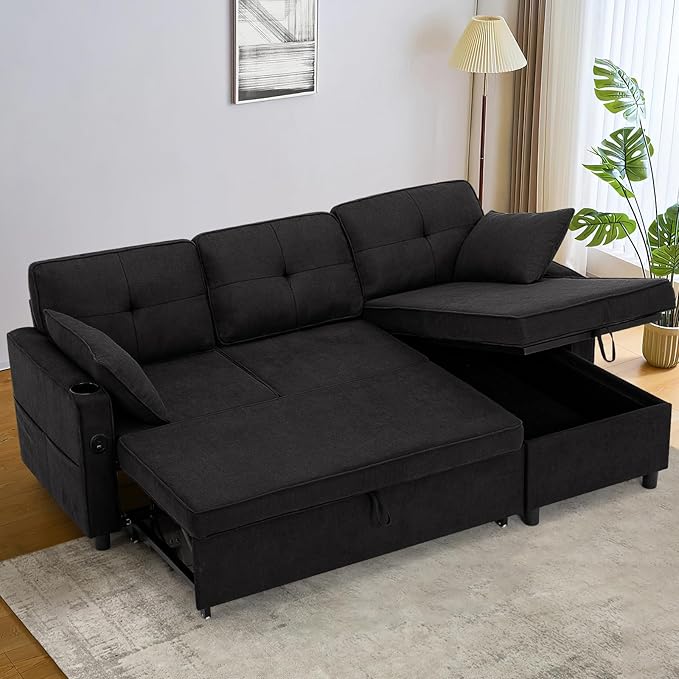 84 Inches Fabric Sectional Sofa w/Pull Out Sofa Bed & Adjustable Back, Tufted L Shaped Couch w/Storage Chaise, Sleeper Sectional Sofa w/USB Port & Cup Holders for Living Room, Black-CasaMuseHome