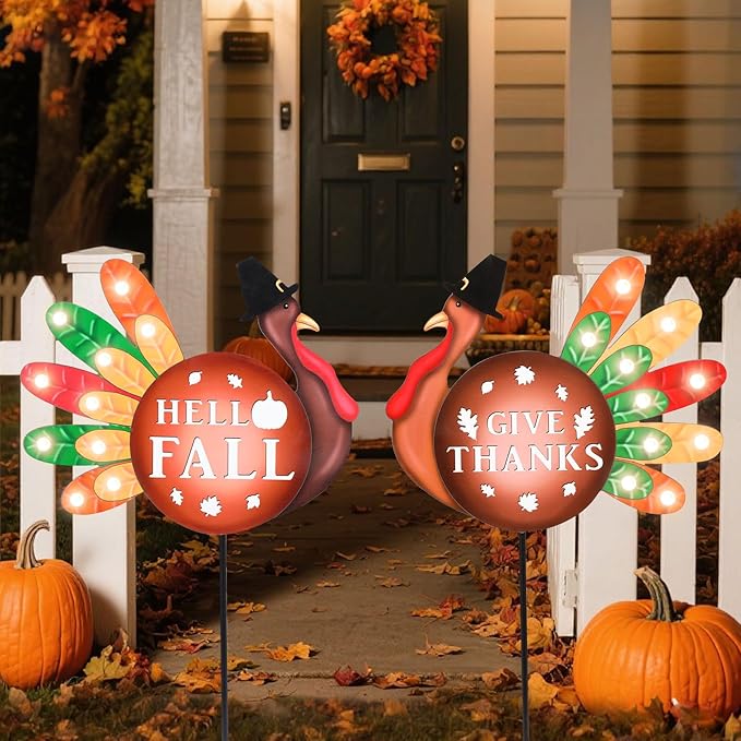 2 PCS Happy Fall Yard Signs Metal Thanksgiving Decorative Garden Stakes with Led Light Turkey Give Thanks Yard Stakes Fall Harvest Lawn Garden Lawn Pathway Decor-CasaMuseHome