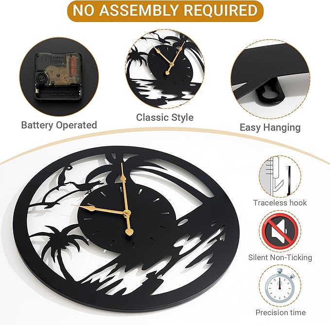 20inches/50cm Wall Clocks Palm Tree Battery Powered No Ticking Silent Round Black Modern Unique Metal Wall Clocks Suitable Living Room Kitchen Bedroom Fireplace Office Farmhouse。-CasaMuseHome