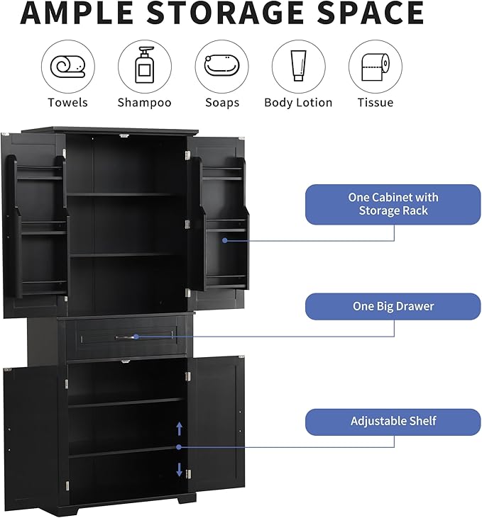 72.2" Tall Storage Cabinet with 4 Doors and Drawer, Freestanding Linen Cabinet, Wooden Pantry with Adjustable Shelf for Kitchen, Bathroom, Living Room Black-CasaMuseHome