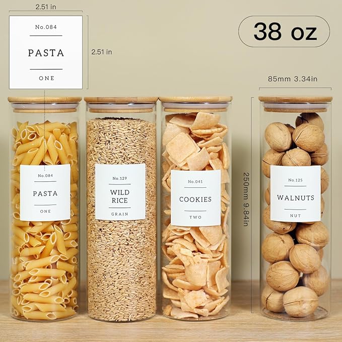 4 Pack Glass Jar with Airtight Wood Lid and White 132 Kichen Pantry Labels Preprinted - 38 Oz Clear Round Glass Food Storage Containers set For Cereal Rice Sugar-CasaMuseHome
