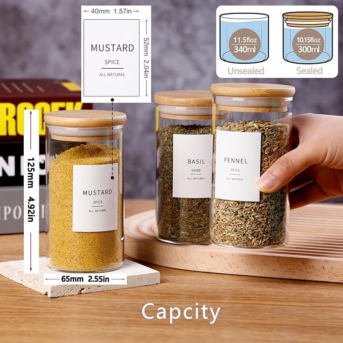 12 Pcs Glass Spice Jars With Bamboo Airtight Lids, 10oz Thicken(2.4mm) Spice Containers With 148 Minimalist Preprinted Waterproof Spice Labels, Kitchen Empty Small Storage Jars For Seasoning, Herb-CasaMuseHome