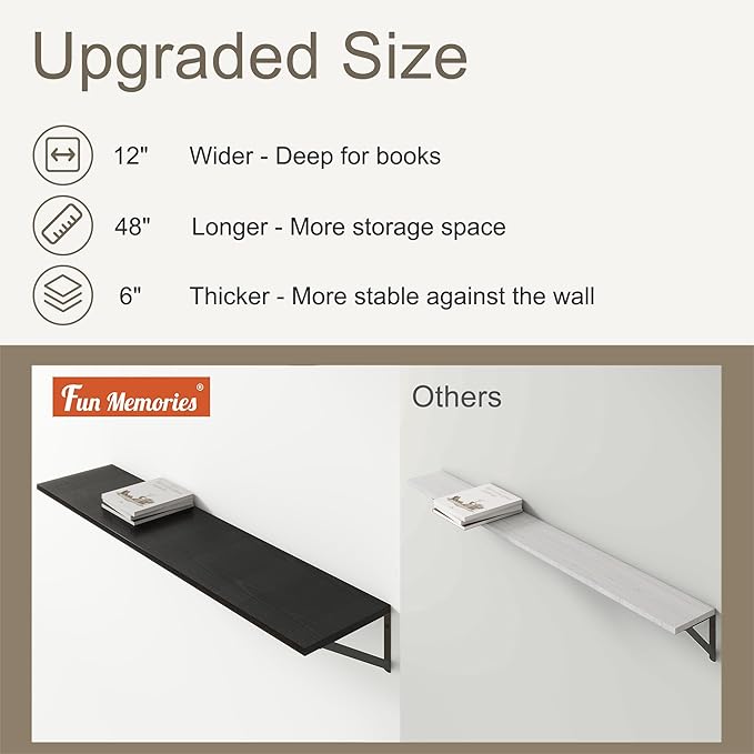 12 Inch Deep Floating Shelves, Black Floating Shelves 48W x 12D, Deep Wall Shelves Bracket Set of 2, Large Display Hanging Floating Shelf for Bathroom, Living Room, Wide Storage Wooden Wall Shelf-CasaMuseHome